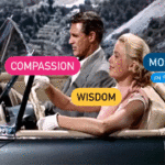 A 1950s style photograph of a woman driving with white gloves, and a man in the passenger seat of a gray convertible. Bright pink tag "compassion" is over the man. A bright yellow tag "wisdom" is over the woman, and a purple tag "morality" is over the trunk. The image has a gif animation to indicate movement.
