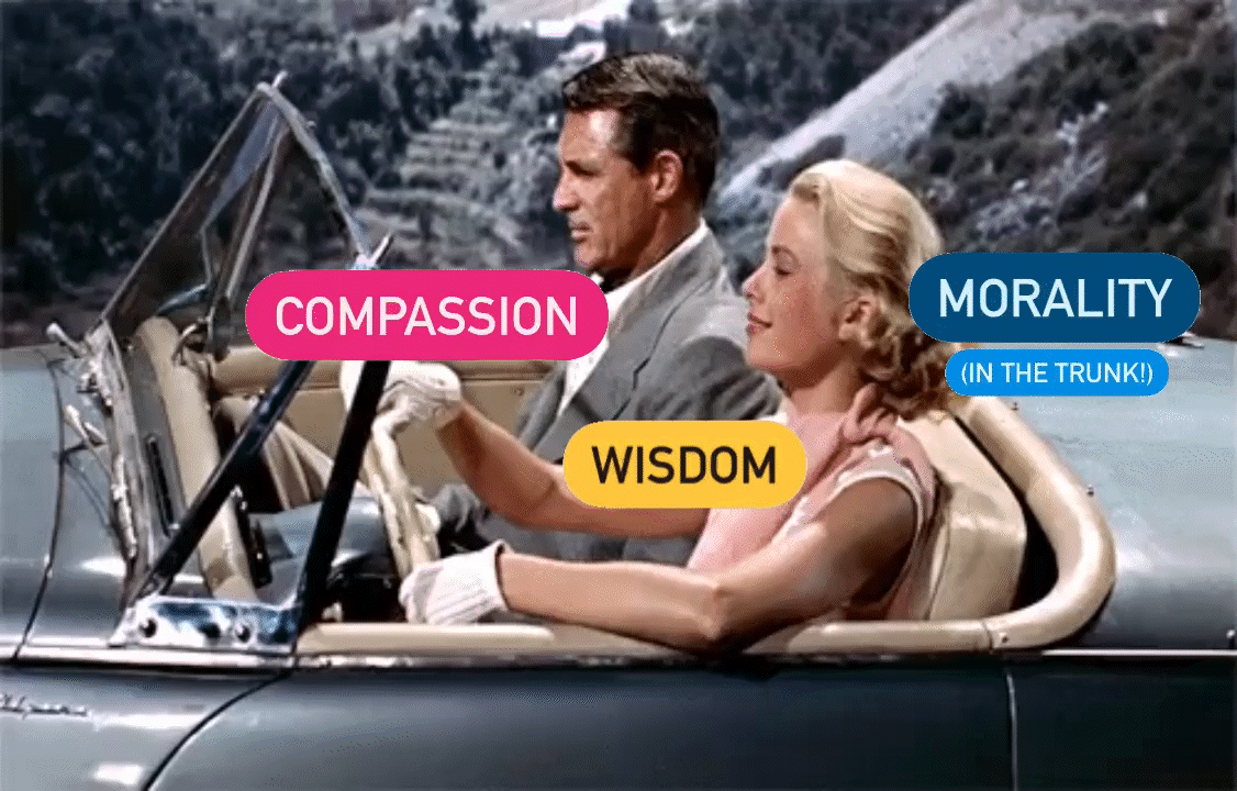 A 1950s style photograph of a woman driving with white gloves, and a man in the passenger seat of a gray convertible. Bright pink tag "compassion" is over the man. A bright yellow tag "wisdom" is over the woman, and a purple tag "morality" is over the trunk. The image has a gif animation to indicate movement.