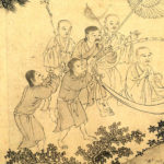 Ink drawing on paper showing a group of men carrying a king on a cloth transport.