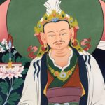 Traditional tibetan thangka painting of a regal man with a moustache wearing robes.