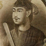 An etching of a japanese man with a moustache and long beard.